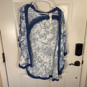 Chico's Blue Floral Crochet Trim Open Front Kimono Top S/M